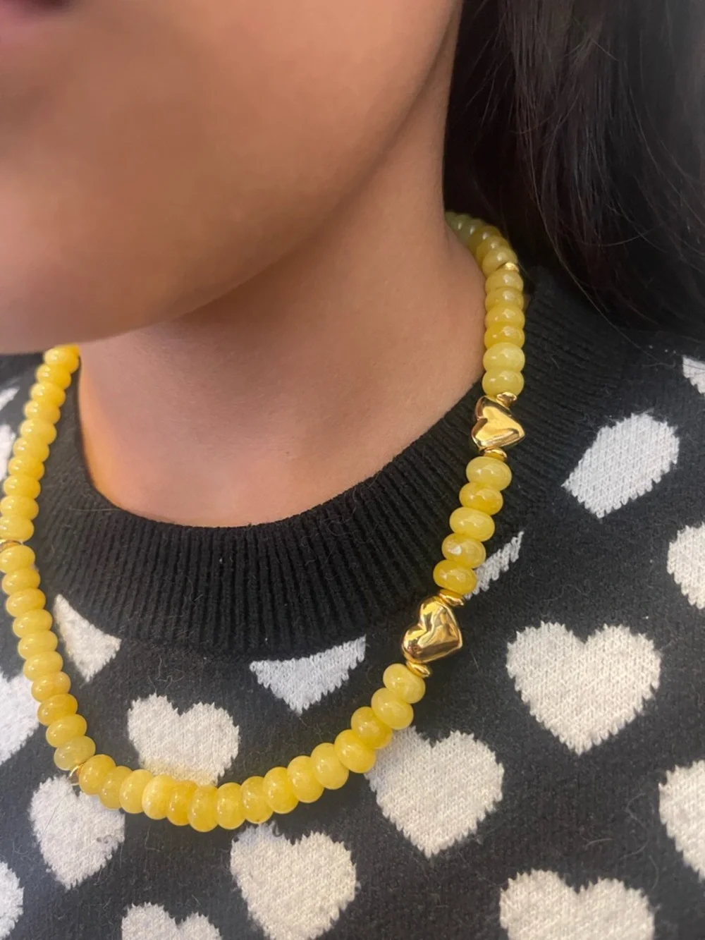 Mayamar Yellow Beaded Necklace with Gold Heart Accents - Picture 5 of 5
